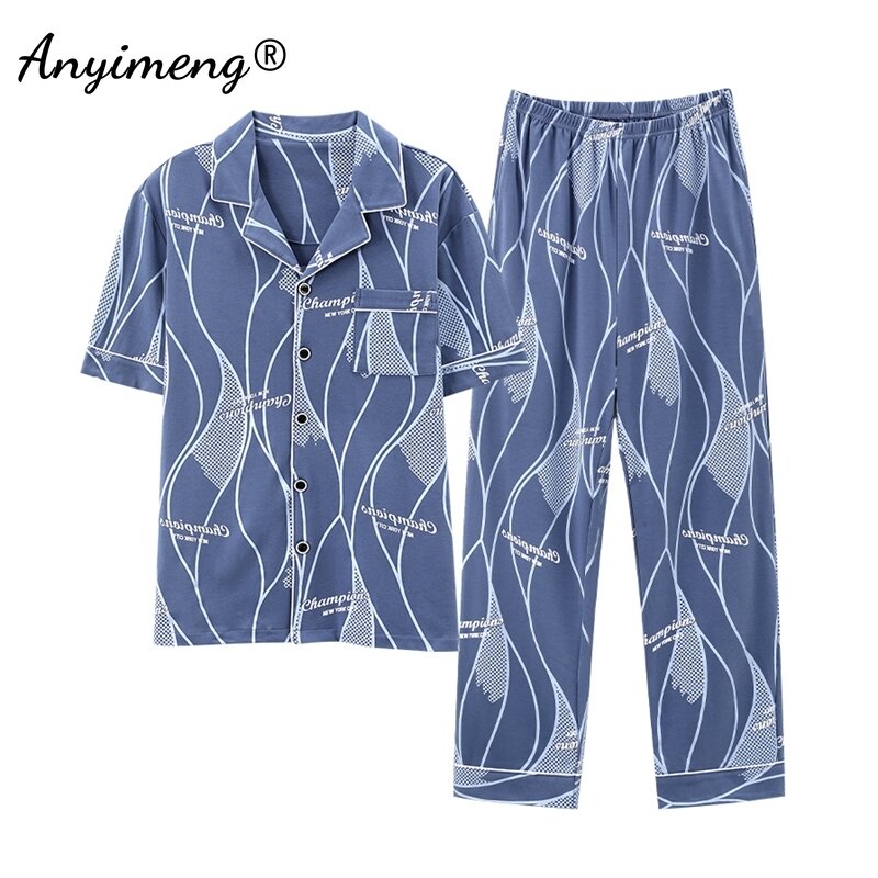 Pijama de algodão de manga curta masculino, roupa de dormir, calça comprida casual, terno doméstico, plus size, L a 4XL, luxo, primavera, verão
