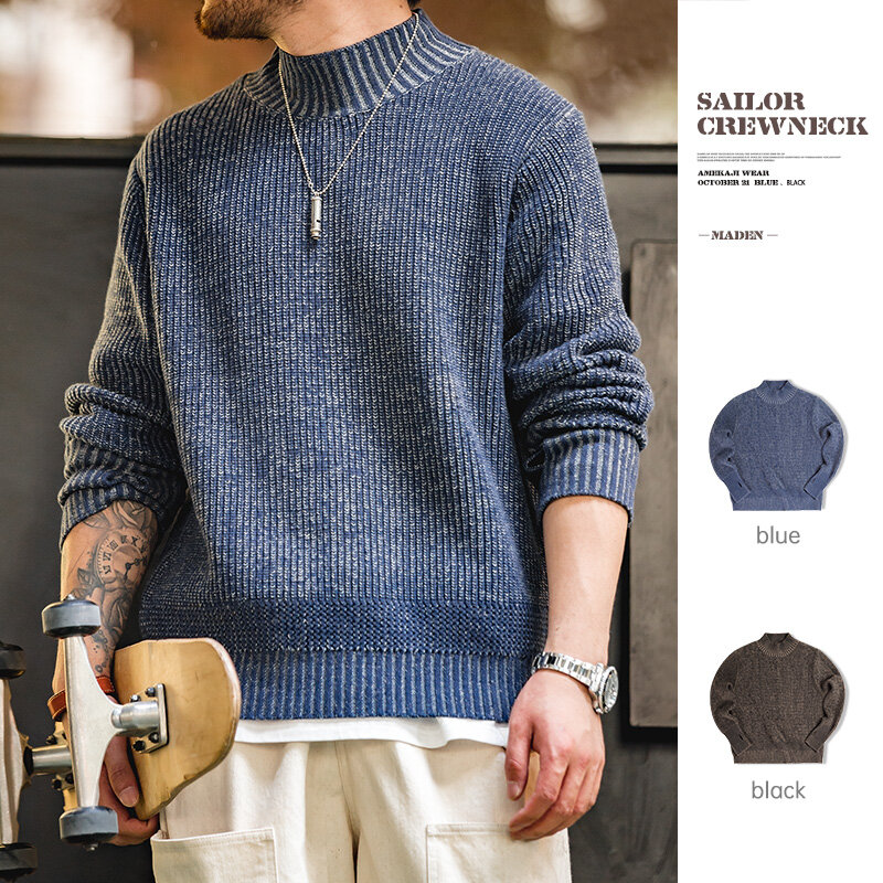 Maden Sweter Kerah Kru Pelaut Retro Benang Ganda Desain Beraneka Ragam Pullover Tebal Dasar Pria Pakaian Musim Dingin Musim Gugur Leher Palsu