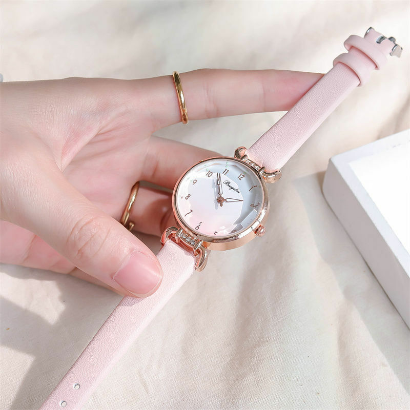 Reloj de cuarzo de cuero con diamantes de imitación para niños, nuevo accesorio de pulsera de cuarzo con diseño de chica rosa de fantasía de Color degradado, regalo de Año Nuevo
