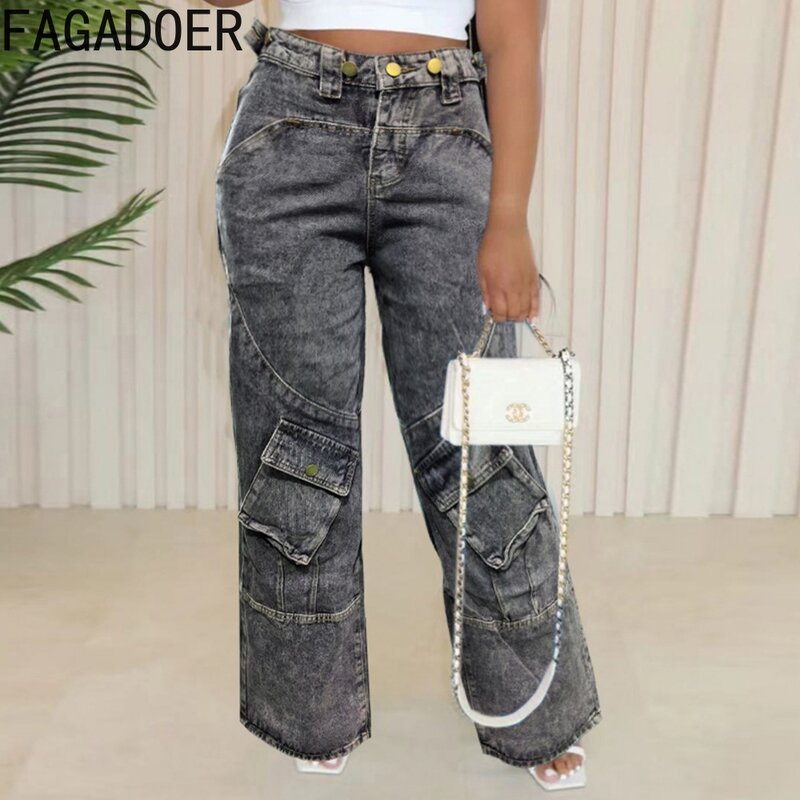 FAGADOER-pantalones vaqueros rectos Retro para mujer, pantalón de cintura alta con botones, informal, a juego, color gris
