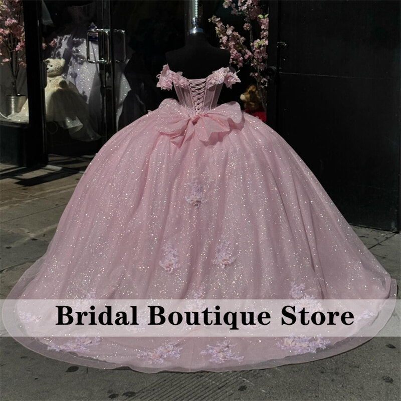 Vestido de quinceañera rosa con purpurina, vestido de baile sin hombros, cuentas de encaje, apliques de mariposa, vestido dulce mexicano 16