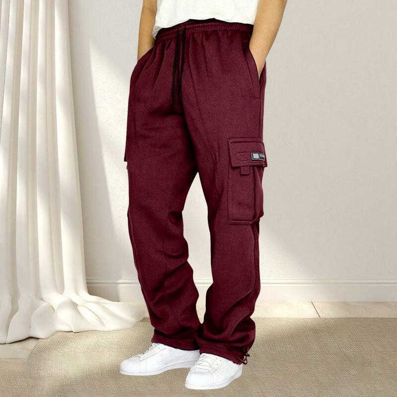 Men Solid Color Casual Trousers Secure Pocket Casual Pants Men's Loose Fit Drawstring Sport Pants for Gym Training Jogging Soft