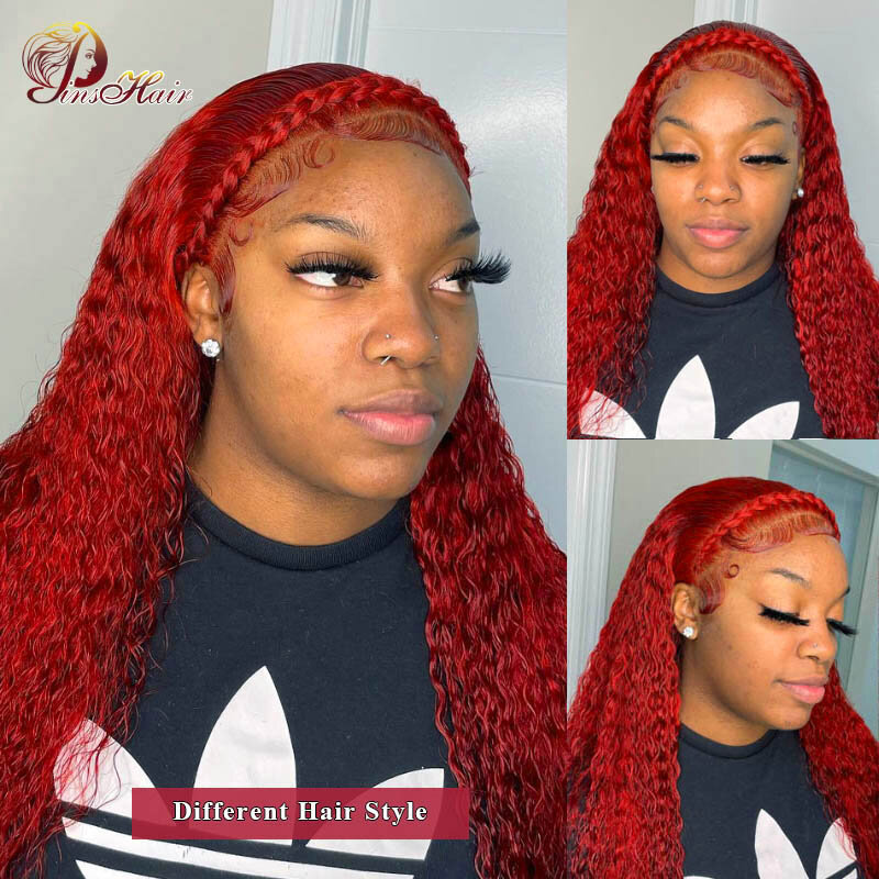 Perruque Lace Front Wig naturelle bouclée rouge 99J, cheveux humains, Deep Curly, Transparent, coloré, pour femmes