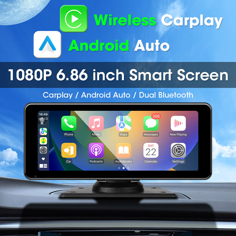JMCQ-Monitor Inteligente para Carro, Tela Inteligente, Carplay Sem Fio, Android Auto, 6.86 "IPS, Dual Bluetooth 5.1, Transmissão FM, AUX
