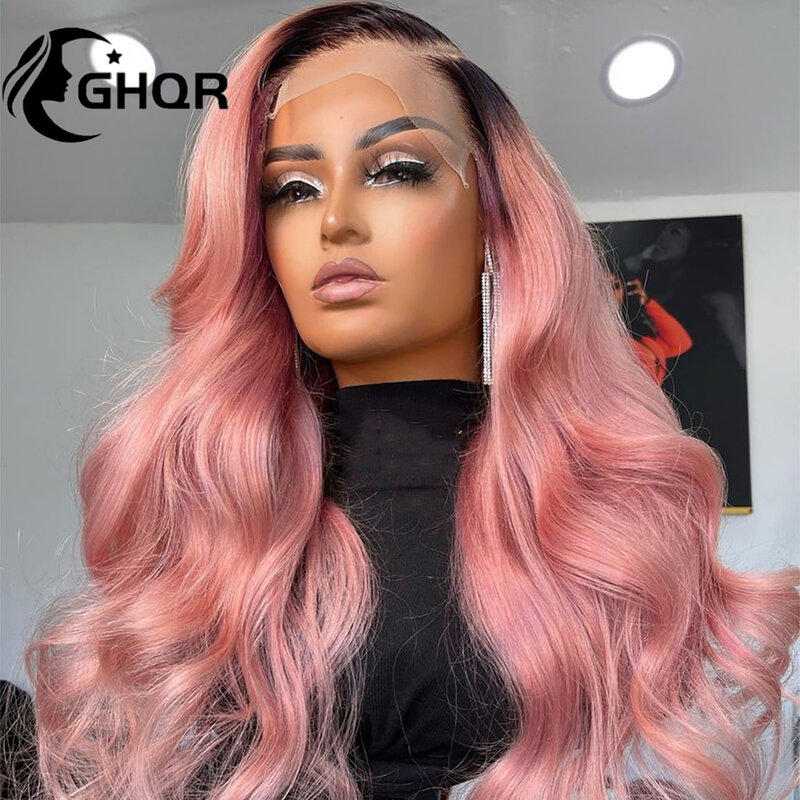 Pink Human Hair Wigs For Women HD Transparent Lace dark roots Long wave ombre Colored 13x4 Lace 360 Frontal Wigs Brazilian Hair