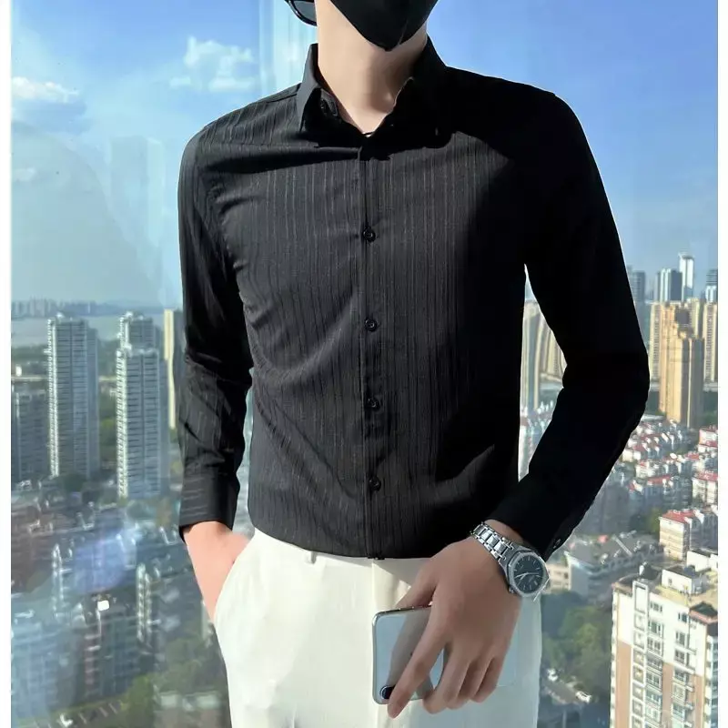 Formal Turn-down Collar Loose Business Casual Fashion Button Pleated Shirts Man Spring Summer Men's Clothing Handsome Capable