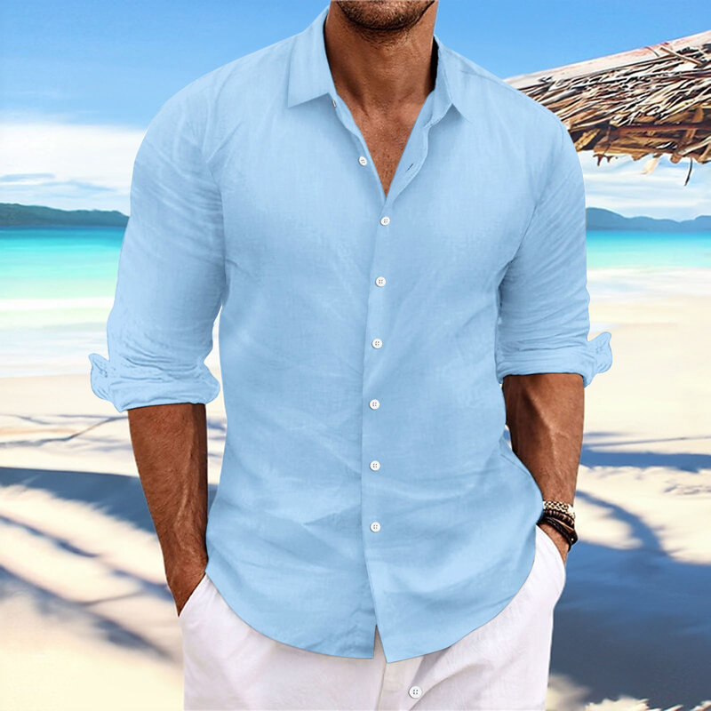 Мужская льняная рубашка с длинными рукавами, однотонная Повседневная стильная рубашка из 100% хлопка с отложным воротником, весна-осень