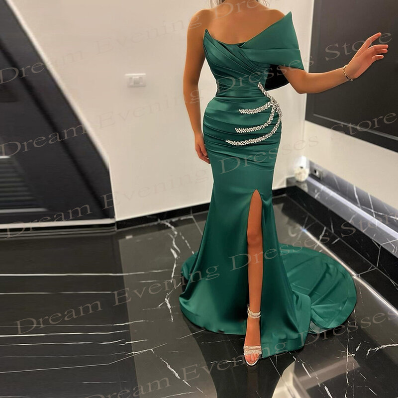 Modne klasyczne zielone damskie syrenka luksusowe suknie wieczorowe eleganckie jedno ramię suknie na bal maturalny boczne rozcięcie Robe De Soirée