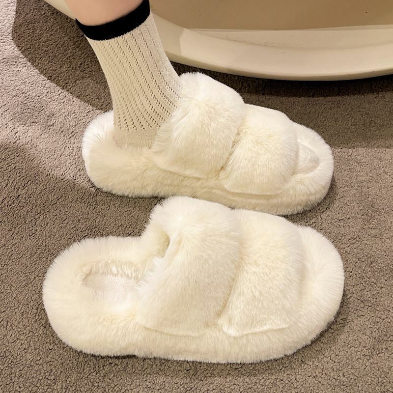 Zapatillas mullidas de invierno para mujer, pantuflas de piel para casa, con plataforma plana, zapatos de interior peludos acogedores, toboganes coreanos, novedad de 2024