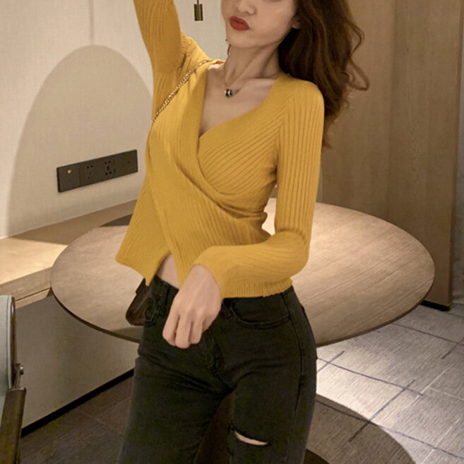 Autumn Winter Knitwear Tops Fashion Female Long Sleeve Skinny Elastic Casual V-neck Knitted Shirts Women Pullover Sweaters