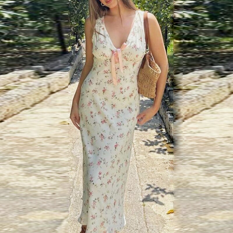 Damen ästhetische Blumen Tank Kleid lässig Sommer niedlich süß V-Ausschnitt ärmelloses Party kleid für Cocktail Beach Club Streetwear
