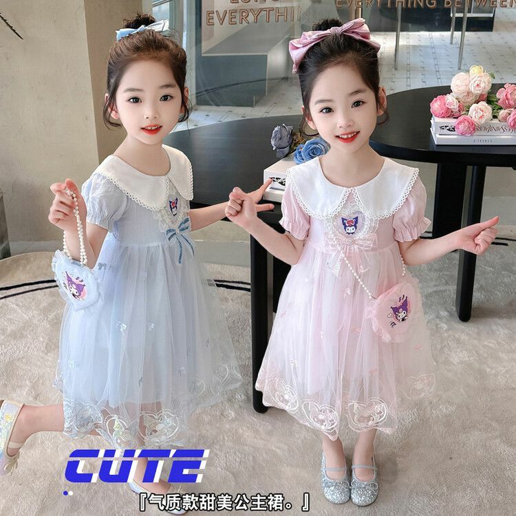Anime Sanrios Dress Kawaii Kuromi Girls Cartoon Short Sleeve Gauze Dress Sweet Princess Dress Summer Birthday Dress Kids Clothes