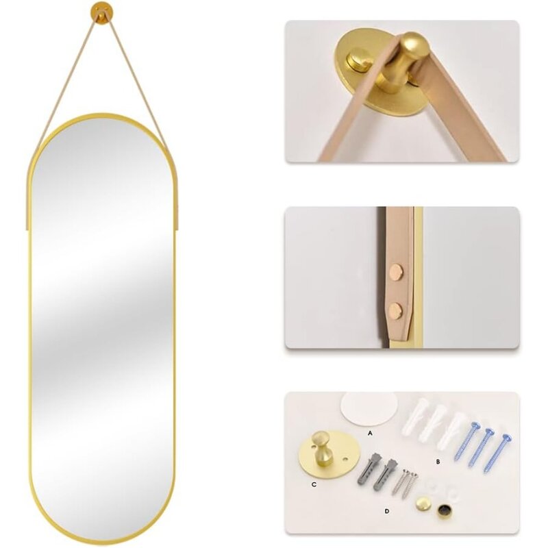 مرآة بيضاوية كاملة الطول مع حزام ، إطار من الألومنيوم ، مرآة معلقة ، مرآة حائط ذهبية ، ديكور مدخل ، 16 بوصة × 48 بوصة