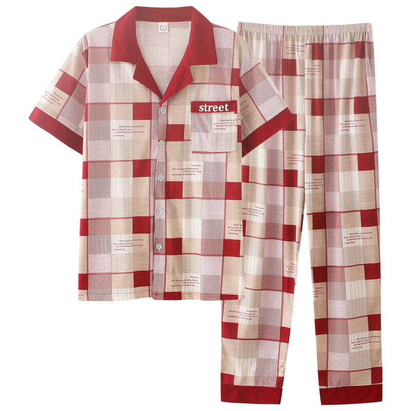 L-4XL conjunto de pijama masculino xadrez turn-down collar pijamas primavera verão casual pijamas masculinos