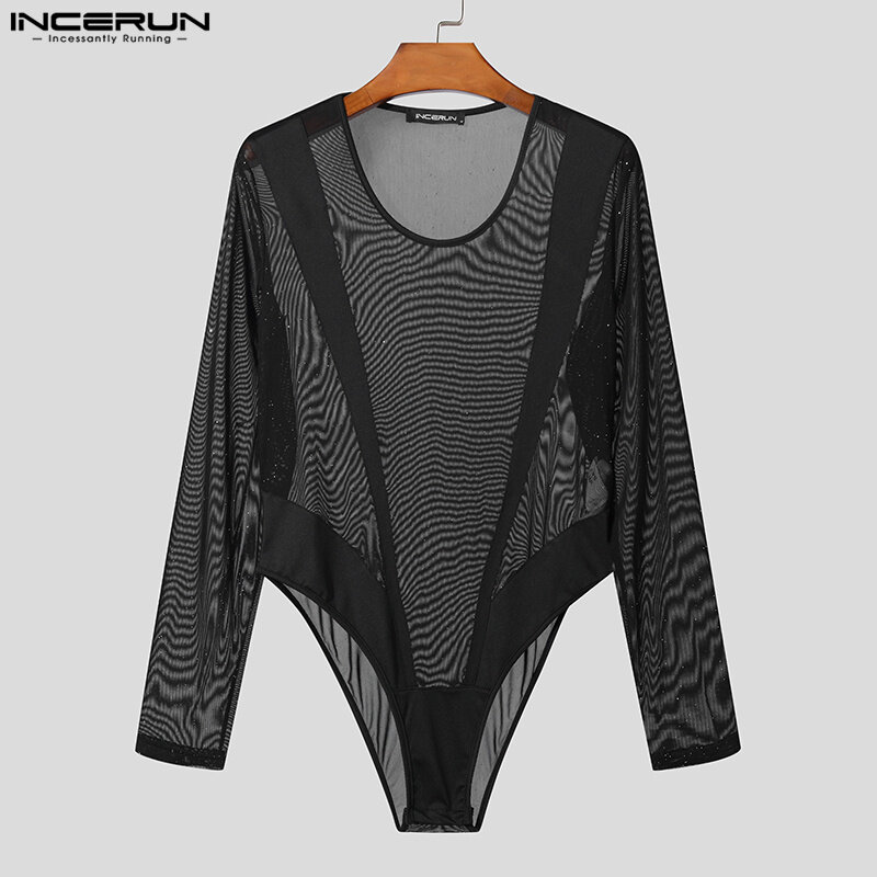 INCERUN 2024 Sexy Men's Jumpsuit Personality Sparkling Mesh Splicing Design Rompers Casual Triangle Long Sleeved Bodysuits S-3XL