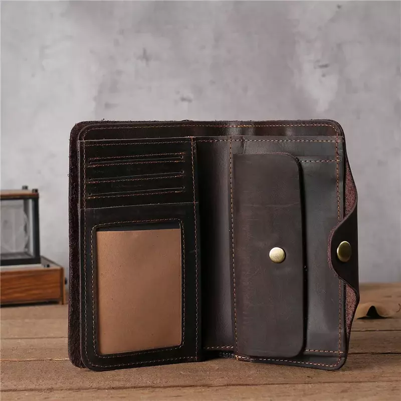 Crazy Horse Leather Men's Wallet with Two Folds, Genuine Top Grain Leather, Vintage Purse