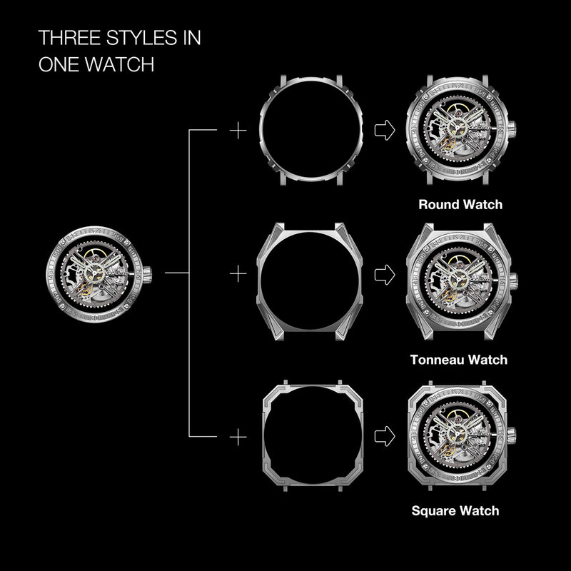 CIGA Design Magician Series Automatic Mechanical Watch for Men 316L Steel Fluororubber Strap Skeleton Watches 3 Detachable Case