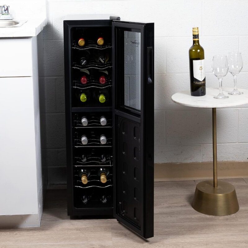 ขวดถังแช่ไวน์โซนคู่แบบบางตู้แช่ไวน์เทอร์โมอิเล็กทริกสีดำห้องเก็บไวน์แบบอิสระขนาด1.9นิ้วฟุต (53L) ห้องเก็บไวน์แบบตั้งอิสระสีแดงสีขาว