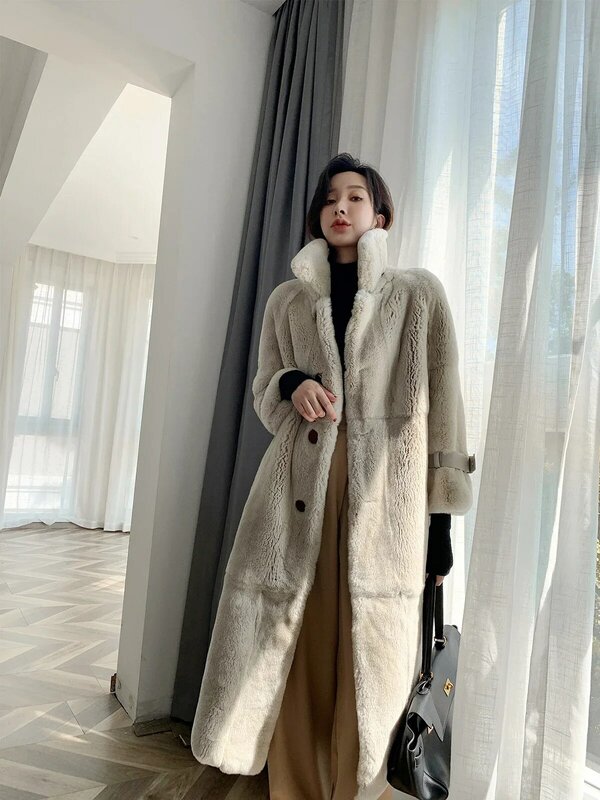 Jaqueta feminina de pele de coelho rex real de alta qualidade, outono inverno, longa, de grandes dimensões, casacos quentes para mulheres, roupas zjt1670