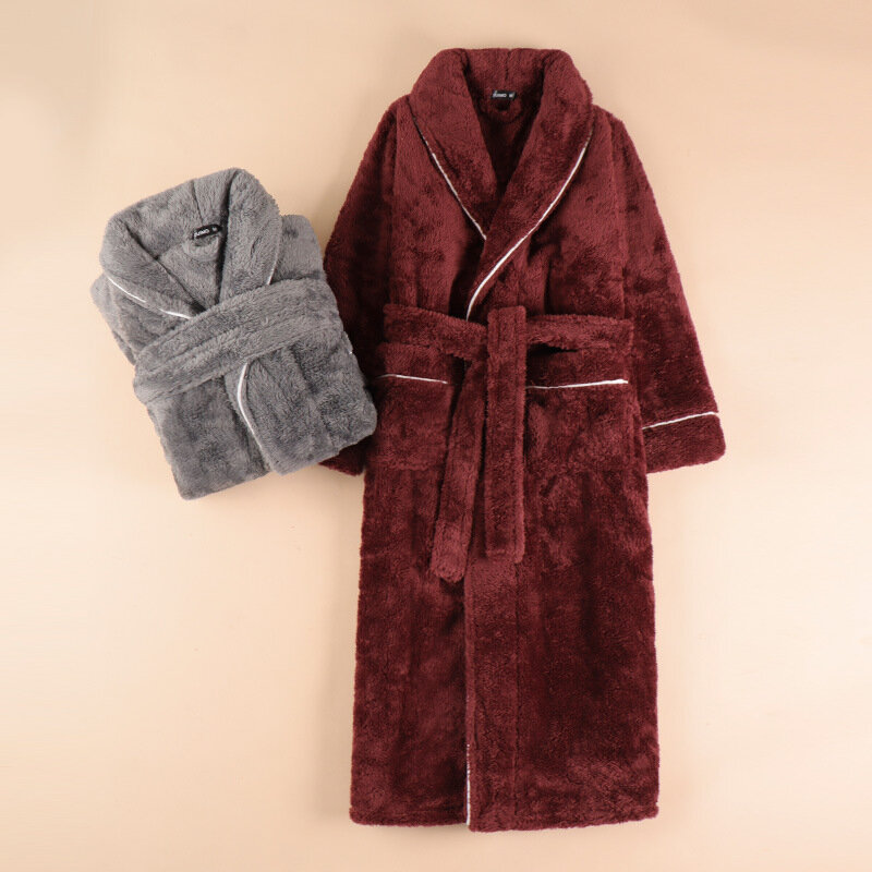 Women Winter Extra Long Warm Coral Fleece Bathrobe Plus Size Thick Flannel Bath Robe Lovers Dressing Gown Men Lounge Sleepwear