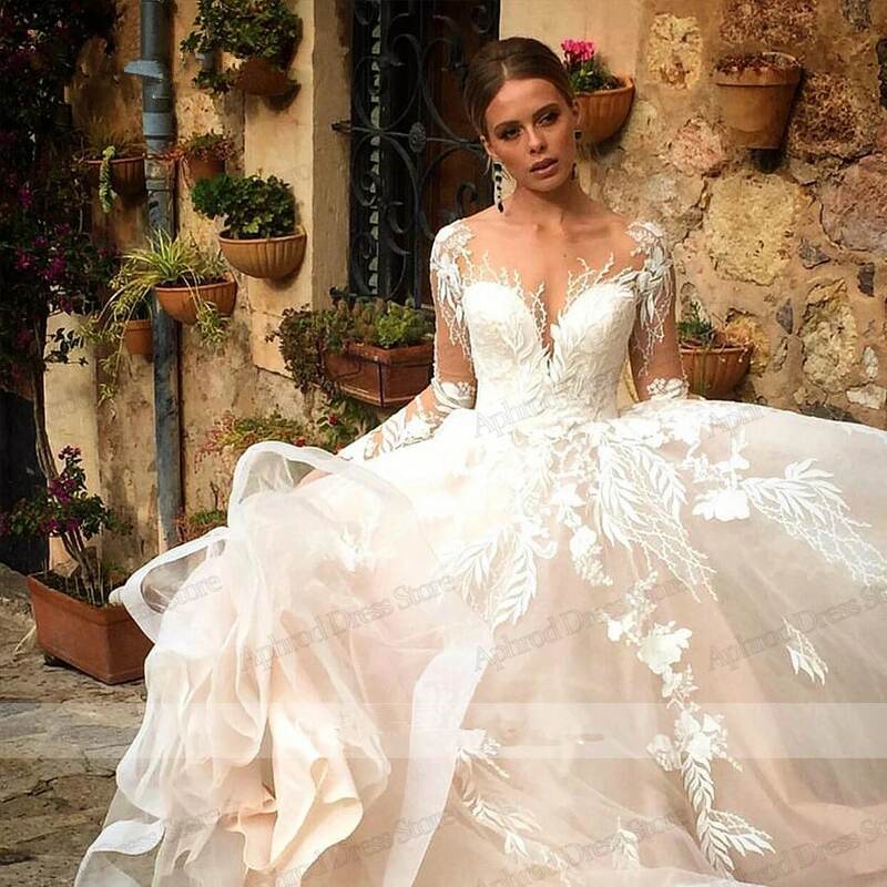 ชุดแต่งงานที่สวยงามชุดเจ้าสาว A-Line Tulle ฉัตรลูกไม้ appliques แขนเต็มเสื้อคลุมเจ้าหญิงวินเทจ Vestidos de Novia