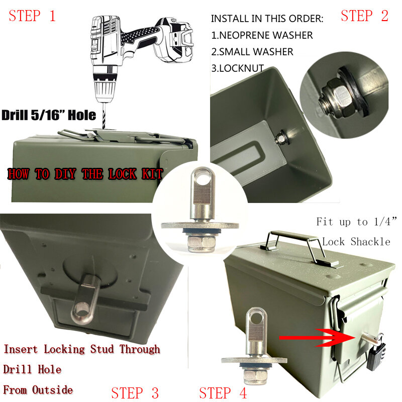 No box,Bolt 50 Cal Ammo can Steel Gun lock Ammunition Gun safe box Hardware Kit Military Army lockable case 40mm Pistol Bullet