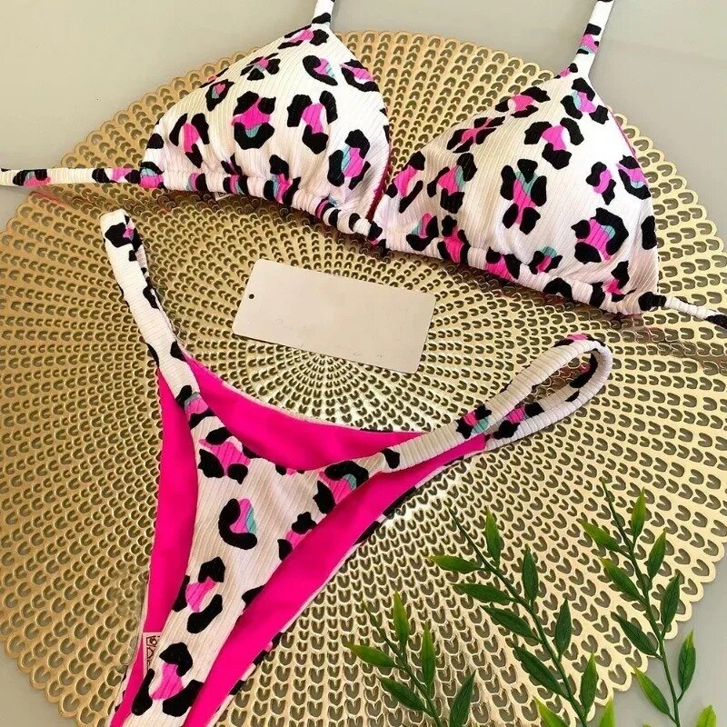 QINJOYER-Bikini brasileño con estampado de leopardo para mujer, traje de baño de 2 piezas con cordón, ropa de playa