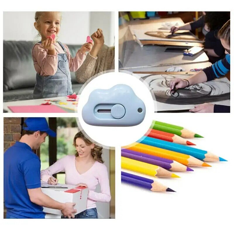Pemotong kotak Mini kantor, pemotong kertas utilitas portabel awan lucu, pembuka karton huruf kecil dapat ditarik, perlengkapan kantor sekolah