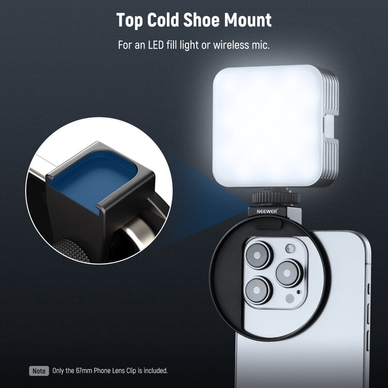 NEEWER klip Filter ponsel 67mm, dudukan lensa dengan dudukan Cold Shoe untuk iPhone 15 Pro Max 15 Plus 14 13 Samsung Galaxy