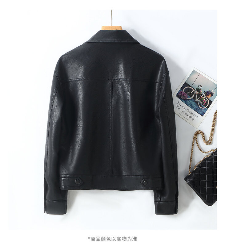 2024 Women's Autumn Short Lapel Leather Jacket PU Leather Fashion Slim-Fit Leather Coat