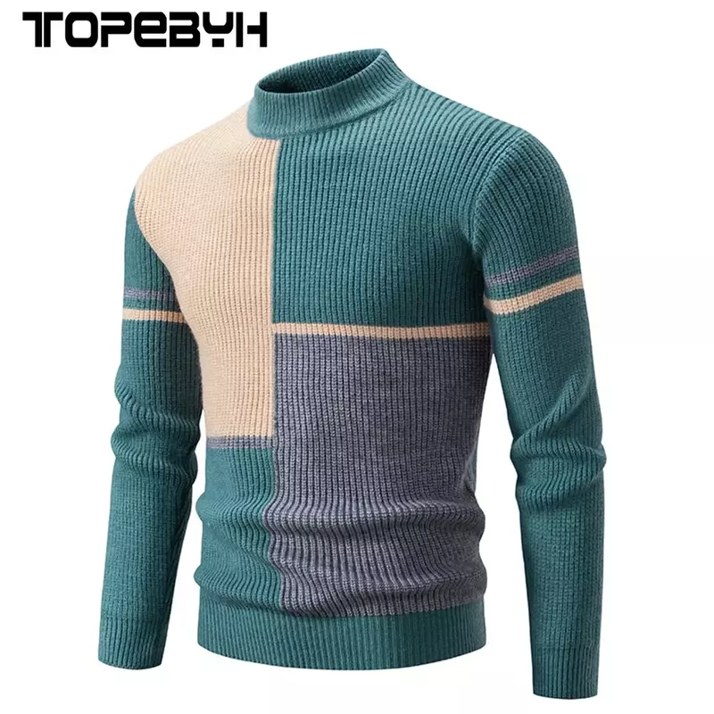 Suéter casual com pescoço quente masculino, pulôver de malha, tops de alta qualidade, novo, outono e inverno