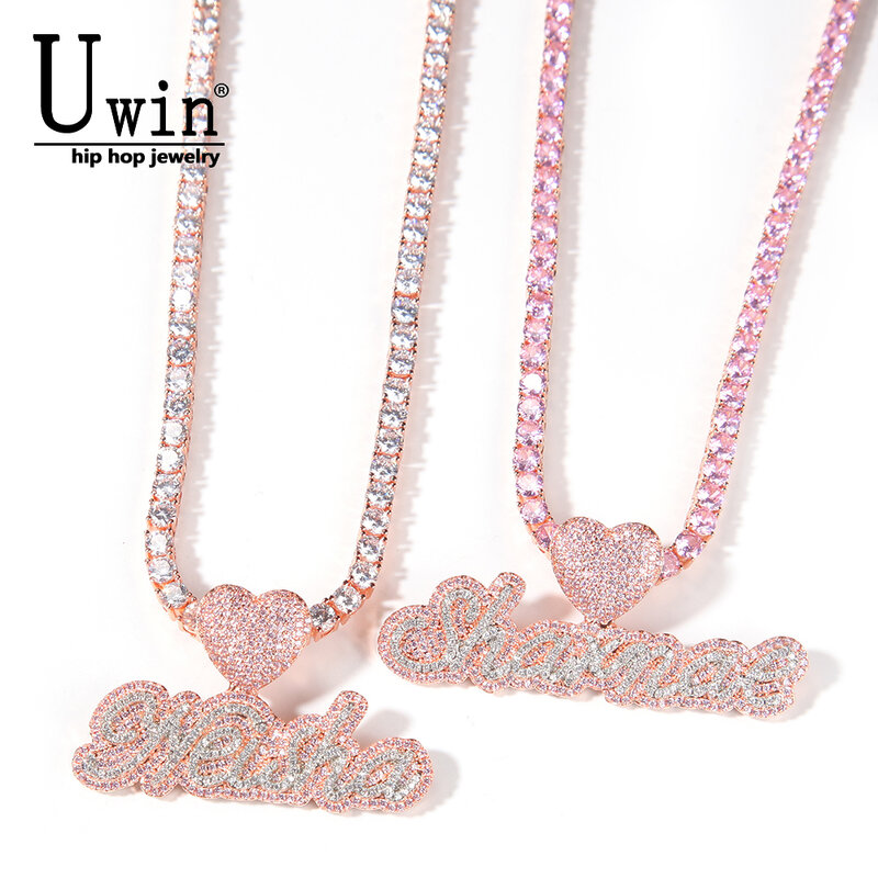Uwin Custom Name Necklace Csutom Cursive Letter With Heart Clasp Tennis Chain Cubic Zirconia Fashion Hiphop Jewelry
