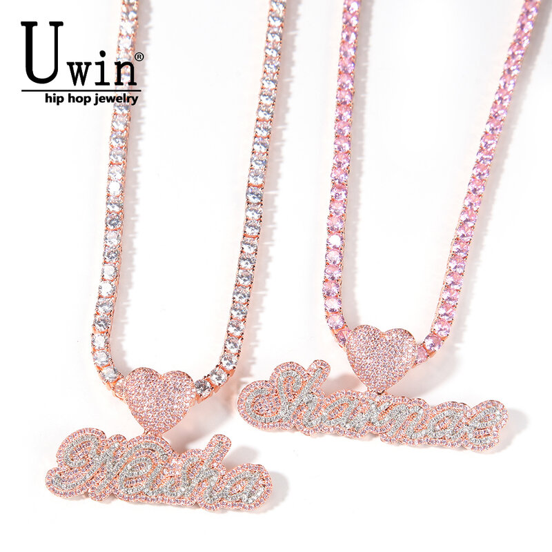 Uwin Custom ชื่อสร้อยคอ Csutom Cursive ตัวอักษรหัวใจเทนนิส Chain Cubic Zirconia แฟชั่นเครื่องประดับ Hiphop