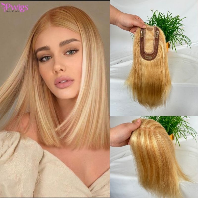 Pwigs 27 P 613 Blonde Woman Toppers Real Human Hair for Thinning Hair 7 * 13CM Silk Top Base Hairpieces Clip in Remy Hair Pieces
