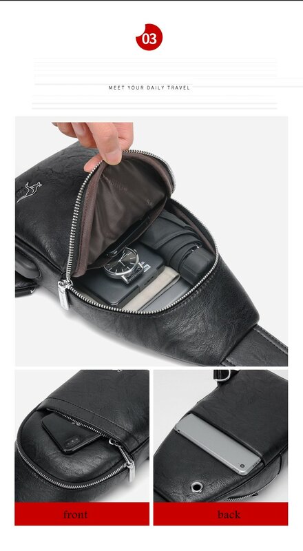 Bolsa de peito crossbody PU masculina, bolso móvel USB de grande capacidade, bolsa de ombro casual, tendência