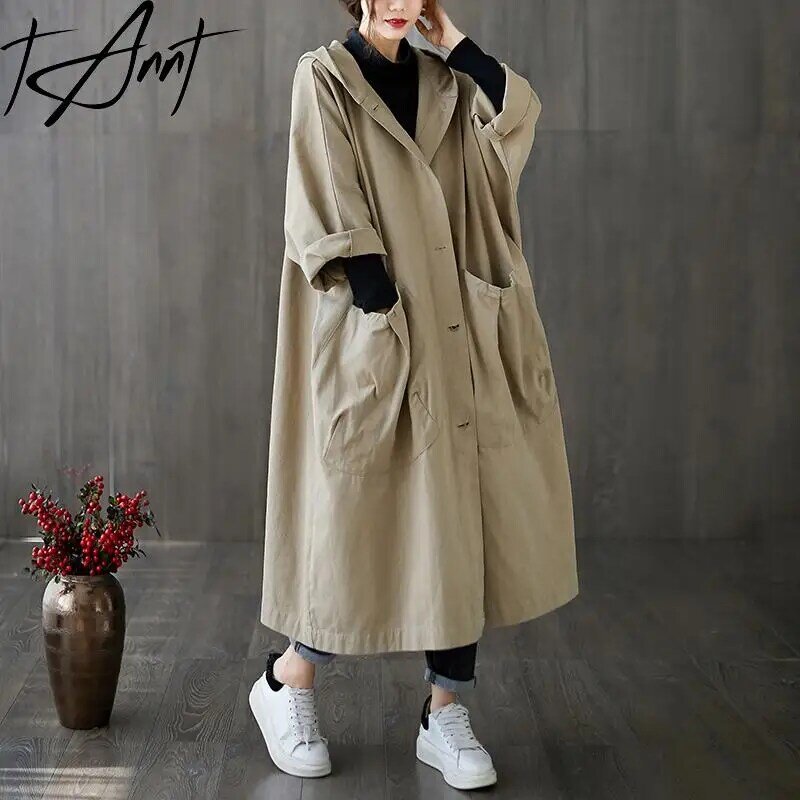 Tannt Women Trench Coat Hooded Casual Long Oversize Trench Coats Khaki Black Fashion Solid Color Windbreaker For Women 2023 New