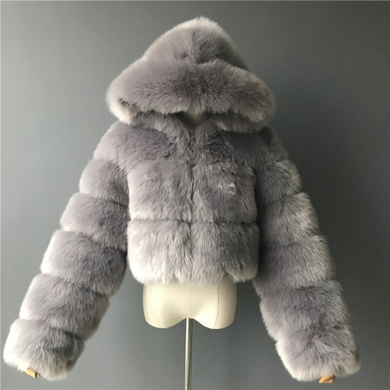 Модное женское пальто VOLALO из искусственного меха с капюшоном, зима 2024, теплое синее пуховое пальто 8XL, элегантная плюшевая укороченная куртка для женщин