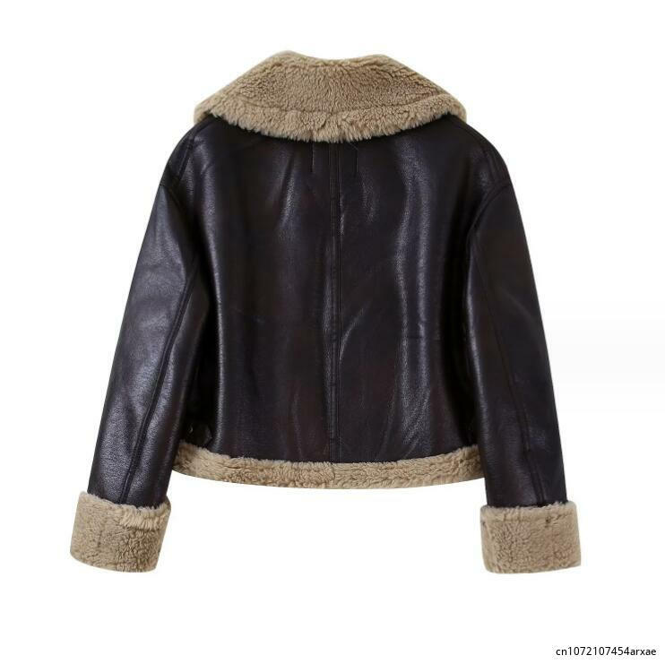 Зимняя короткая куртка из овечьей шерсти и искусственной кожи, Женская парка, винтажная Корейская свободная облегающая плотная теплая уличная куртка BF с хлопковой подкладкой
