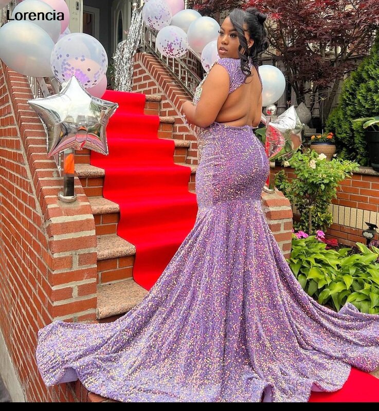 Lorencia Glitter Purple Sequins Prom Dress For Black Girls 2024 High Slit Silver Crystal Beaded Party Gown Robe De Soiree YPD133