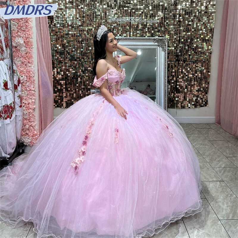 Graceful Pink Princess Quinceanera Dresses Charming Off Shoulder Appliques Tull Corset Up Ball Gown Sweet 16 17 Birthday Vestido