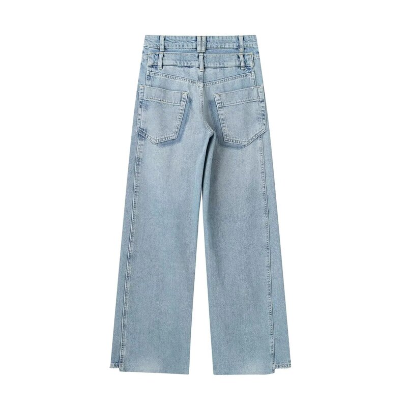 Women 2023 New Chic Fashion Double waistband design Loose Wide leg Jeans Vintage High Waist Zipper Female Denim Pants Mujer