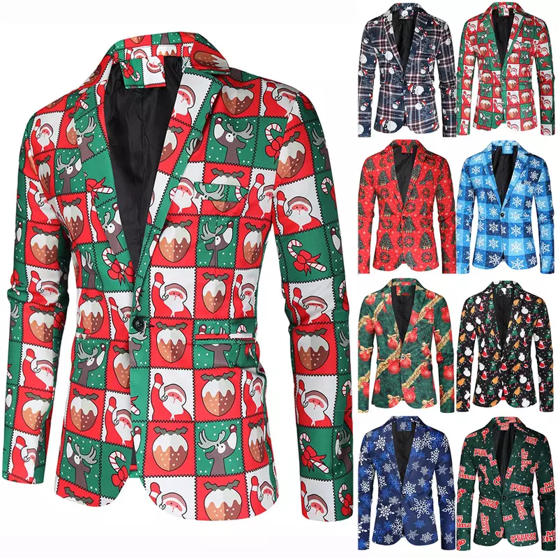 Casaco masculino com estampa de Natal, jaqueta formal, manga longa, slim fit, blusa de festa, moda casual