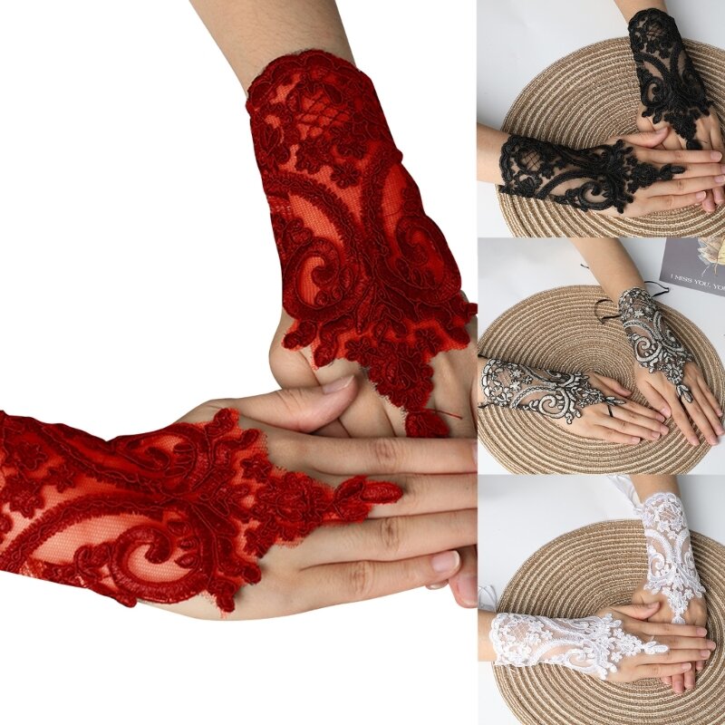 女性のための刺繍されたレースのリストバンド,28 cm,パーティー,結婚式,赤,合成,滑り止め