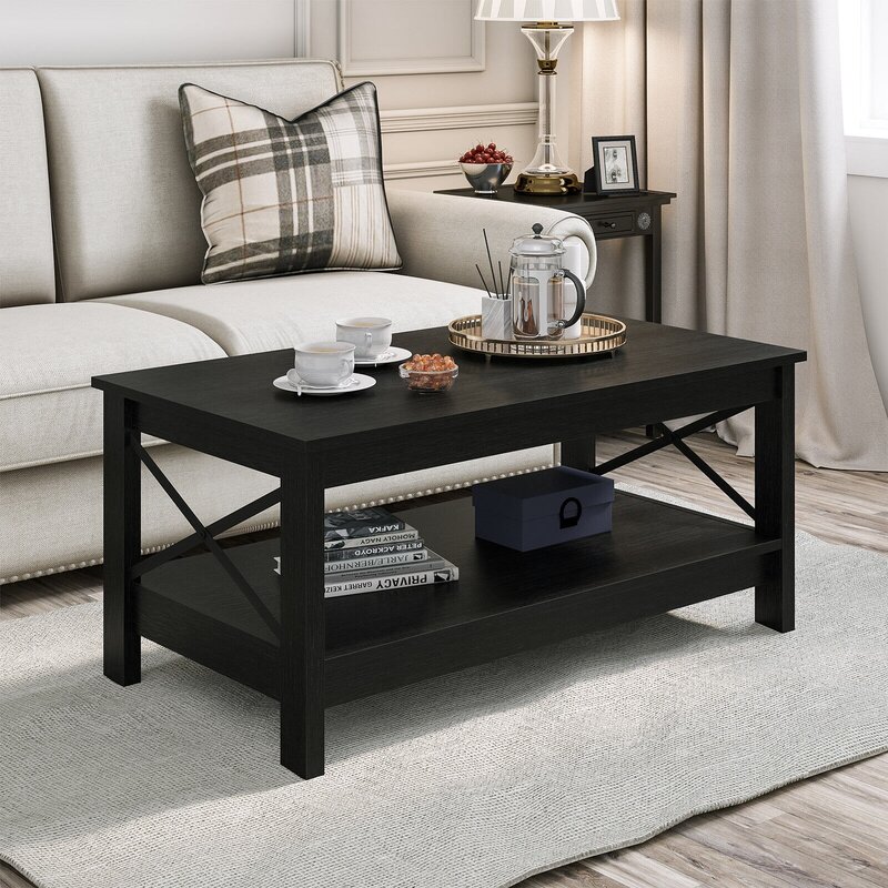 US  Farmhouse Coffee Table with Storage Shelf Rectangular Center Table Living Room