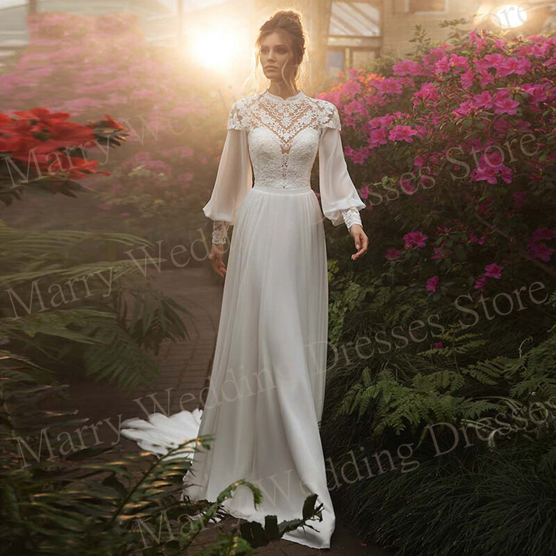 Vestidos de novia bohemios de corte A para mujer, manga larga abullonada, apliques de encaje, 2024