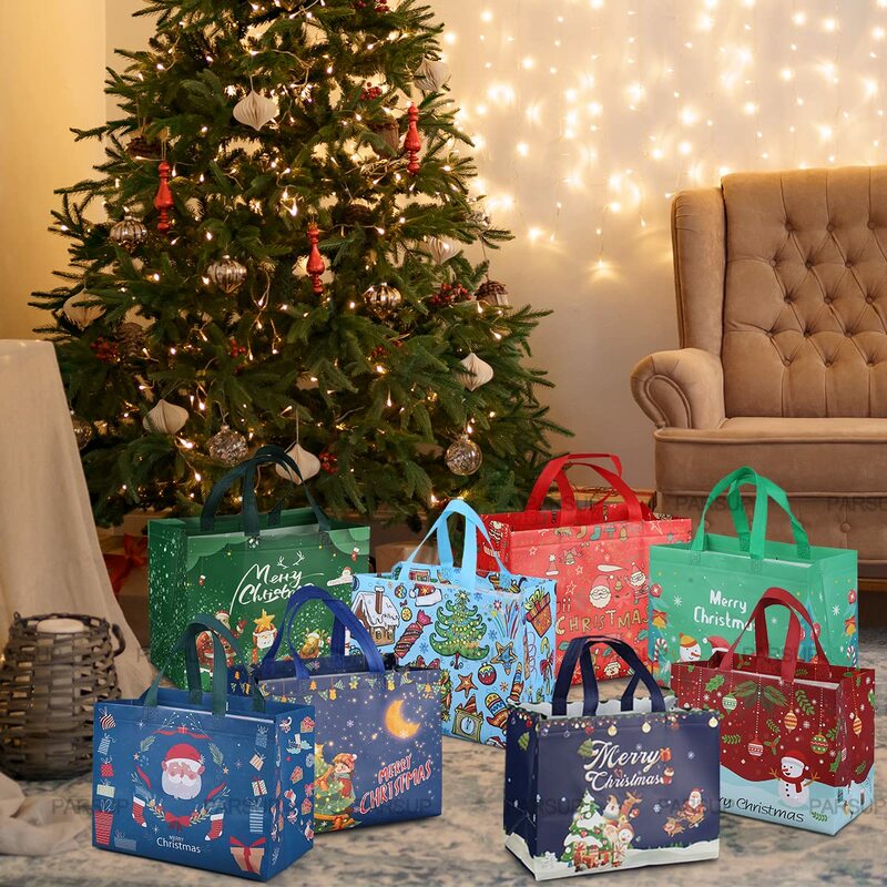 Bolsa de regalo de Navidad de 8 piezas, bolsa multifuncional no tejida para envolver regalos, suministros para fiestas de Navidad