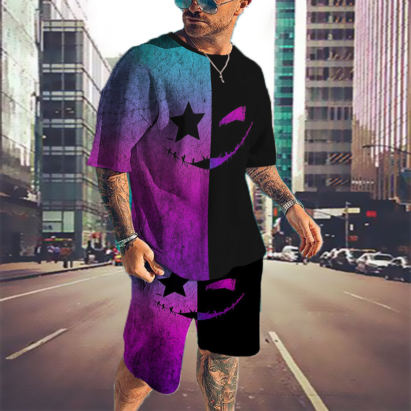 Pakaian Pria Motif 3D Smiley Baru Musim Panas Pakaian Olahraga 2 Potong Setelan Kaus Kasual Streetwear Lengan Pendek Baju Olahraga
