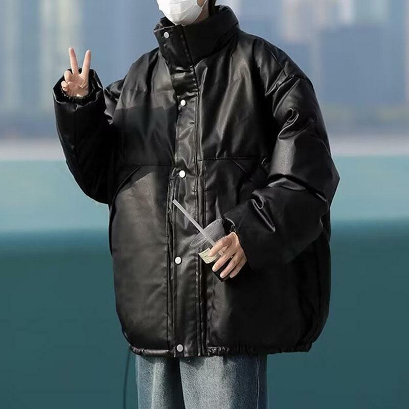 Мужское пальто из искусственной кожи и хлопка, зимнее утепленное хлопковое пальто, свободное теплое кожаное пальто с воротником-стойкой, новинка 2023