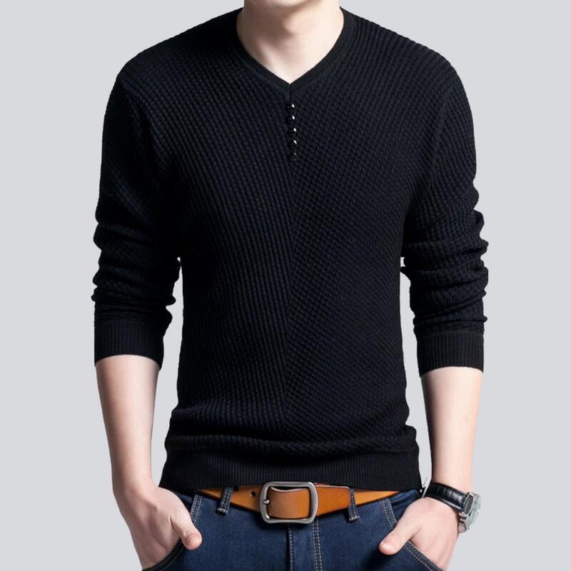 Ribbed Men Bottom Sweater Fleeced V Neck Solid Color Slim Fit Men Sweater Autumn Winter Knitwear Casual Knitting Pullover Top