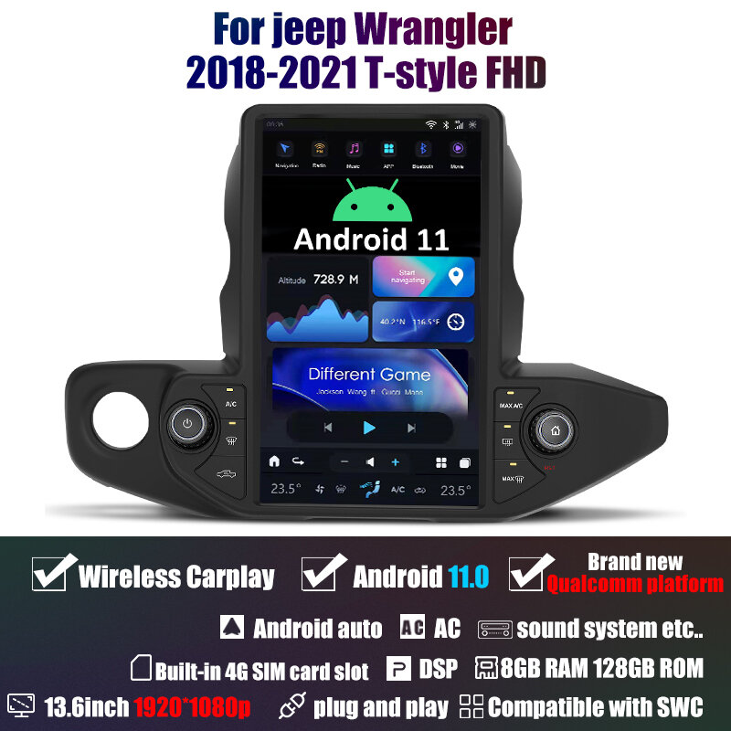 AuCar-Tesla Estilo Android 11 Unidade de Cabeça Rádio, GPS Navi, 1920*1080, 13.6 ", Gladiador Jeep Wrangler 2018-2021